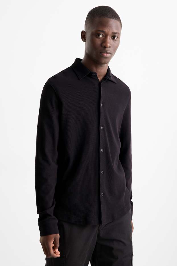 Men - Shirt - regular fit - kent collar - textured - black