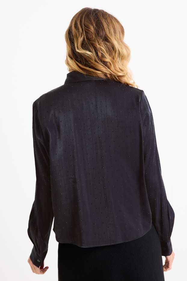 Damen - Satin-Bluse mit Strasssteinen - schwarz