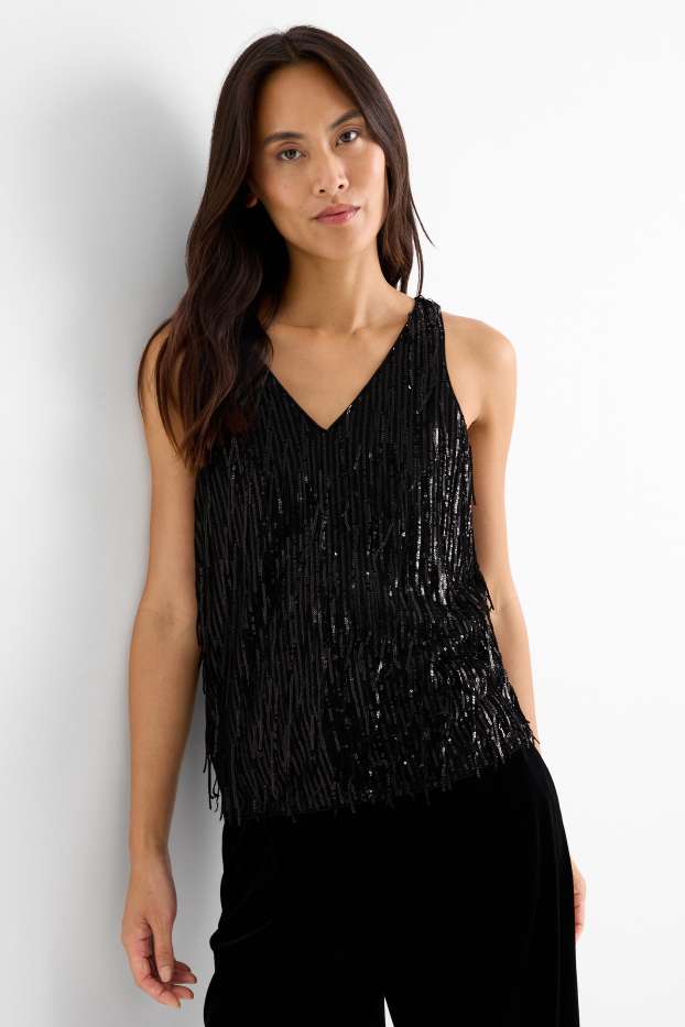 Women - V-neck sequin top - black