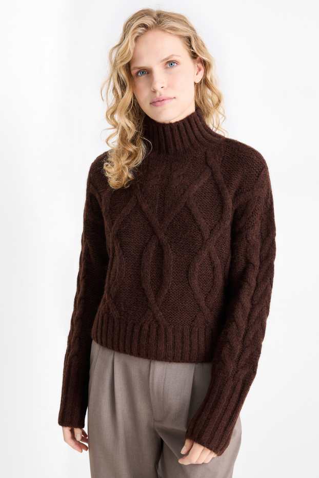 Femmes - Pull court - motif tressé - marron foncé
