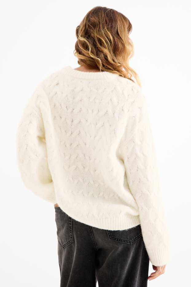 Damen - Pullover - Zopfmuster - cremeweiss