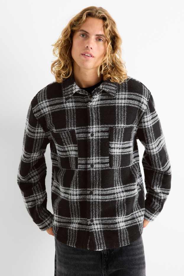 Heren - Overhemdjas - relaxed fit - geruit - zwart