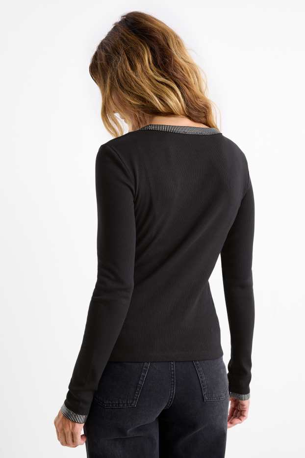 Damen - Langarmshirt - Slim Fit - gerippt - schwarz
