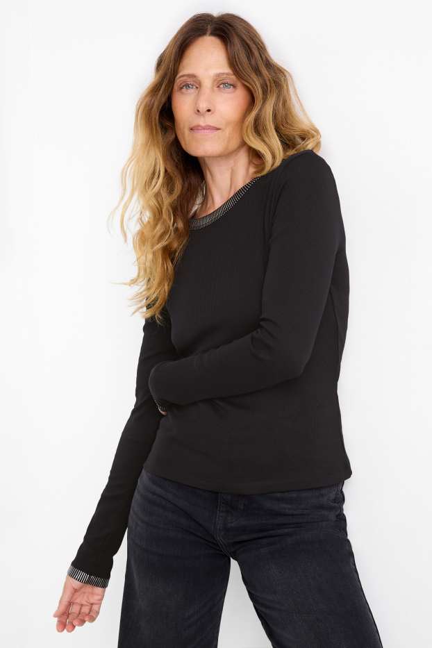 Damen - Langarmshirt - Slim Fit - gerippt - schwarz