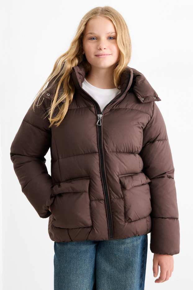 Kinder Mädchen - Steppjacke mit Kapuze - dunkelbraun