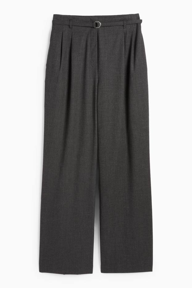 Women - Cloth trousers with belt - high-rise waist - wide leg - dark gray