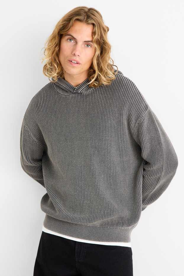 Men - Hooded jumper - ribbed - gray-melange