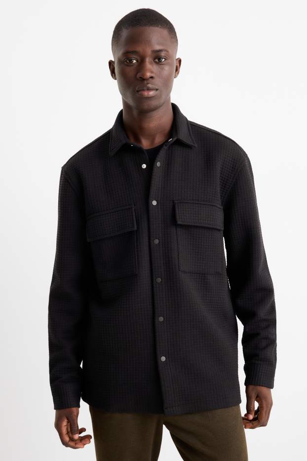 Men - Shirt jacket - relaxed fit - kent collar - textured - black