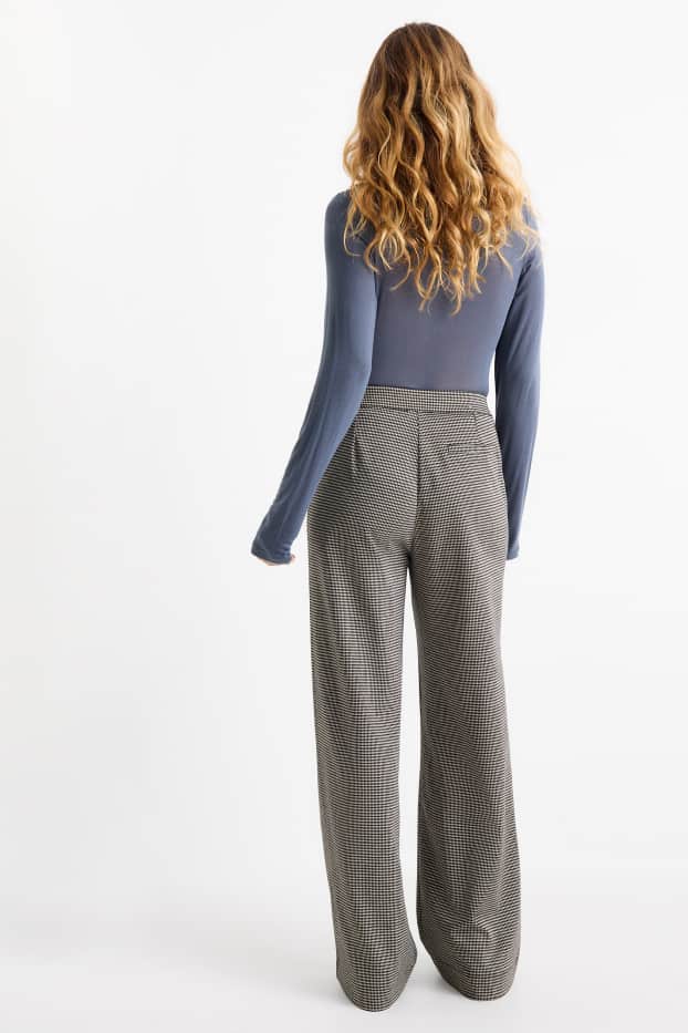 Femei - Pantaloni din jerseu - talie înaltă - wide leg - în carouri - negru / nej