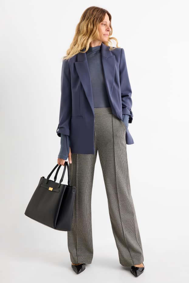 Femei - Pantaloni din jerseu - talie înaltă - wide leg - în carouri - negru / nej