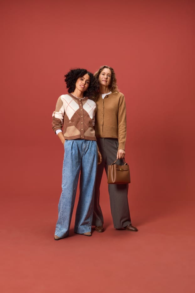 Donna - Pantaloni di stoffa - vita media - gamba ampia - a quadretti - beige