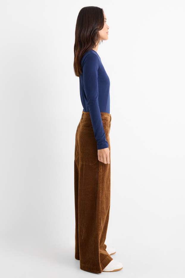Femmes - Pantalon en velours côtelé - mid waist - jambes larges - LYCRA® - marron