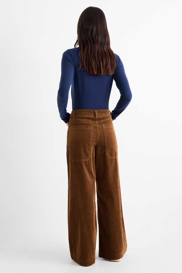Femmes - Pantalon en velours côtelé - mid waist - jambes larges - LYCRA® - marron