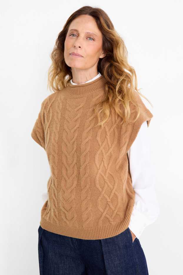 Damen - Strickpullover mit Kaschmir-Anteil - kurzarm - Woll-Mix - hellbraun