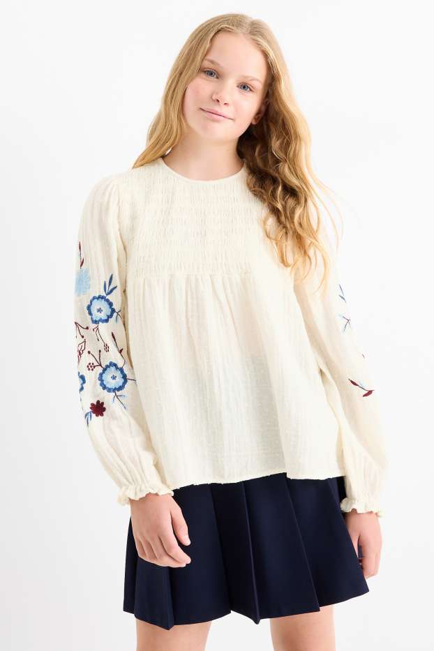 Kinderen: meisjes - Bloem - blouse - met structuur - crème wit