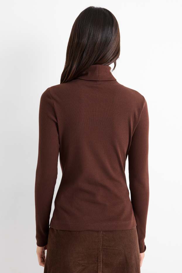 Women - Turtleneck top - ribbed - dark brown