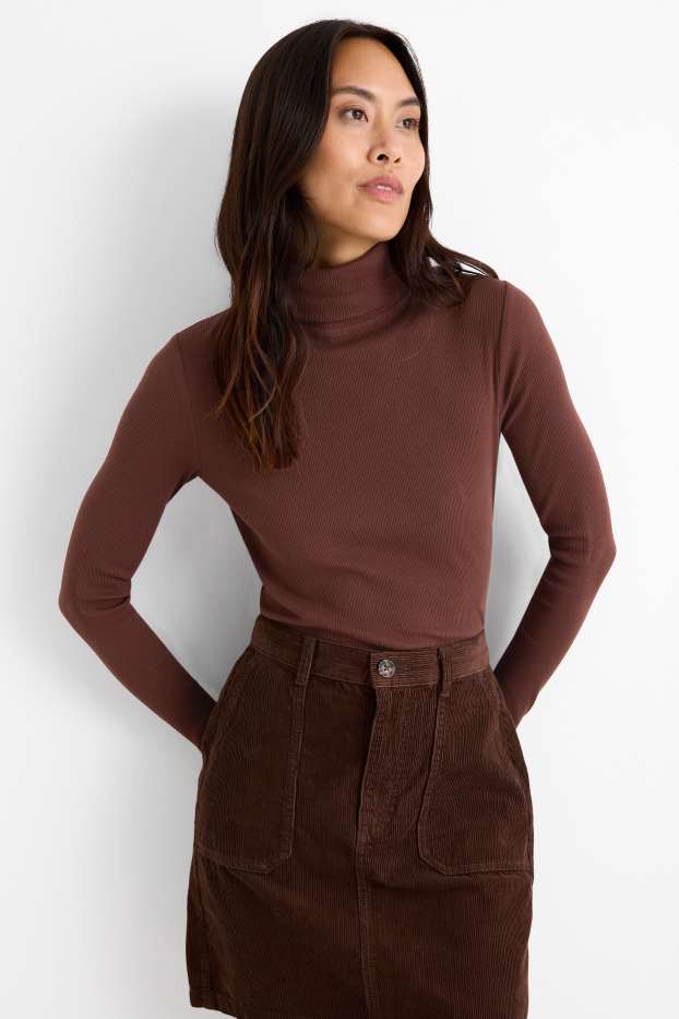 Women - Turtleneck top - ribbed - dark brown