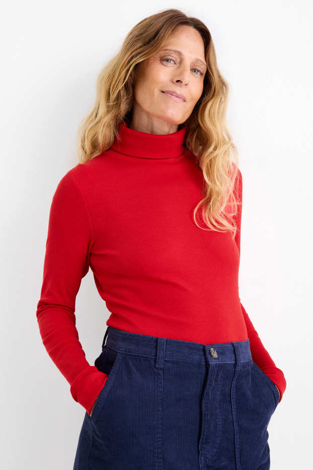 Women - Turtleneck top - ribbed - red