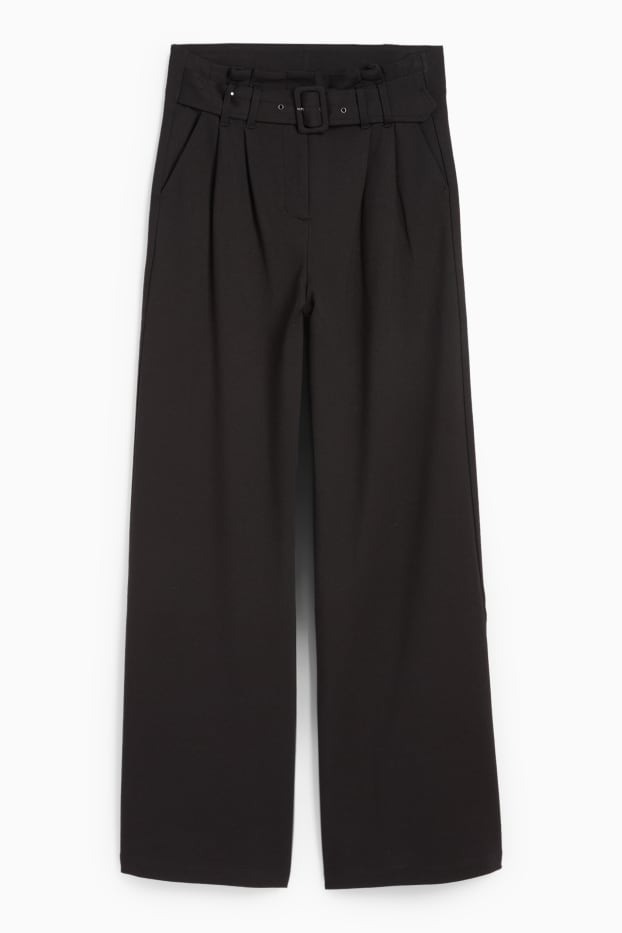 Women - Jersey trousers with belt - high-rise waist - wide leg - black