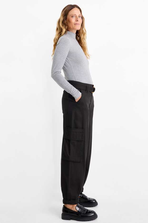 Women - Cargo trousers with belt - high-rise waist - tapered fit - black