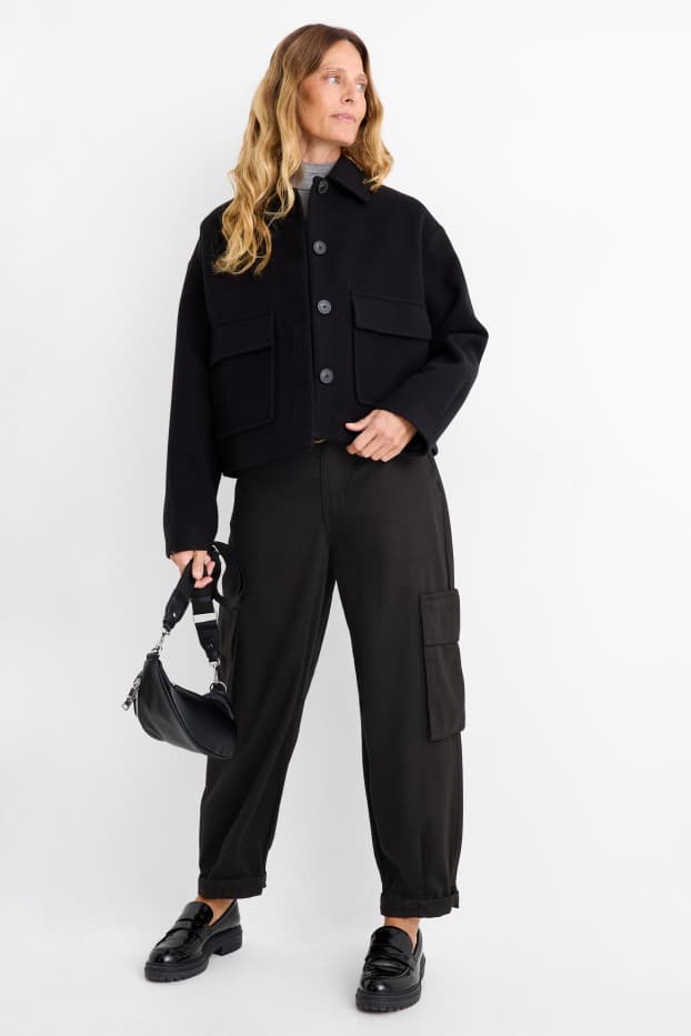 Dámské - Cargo kalhoty s páskem - high waist - tapered fit - černá