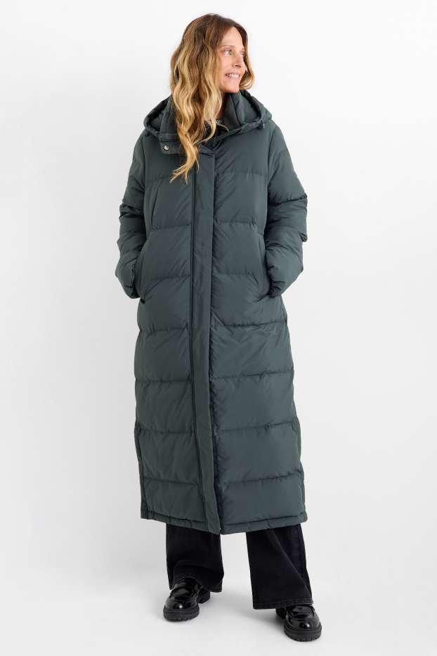 Women - Quilted coat with hood - water-repellent - dark gray