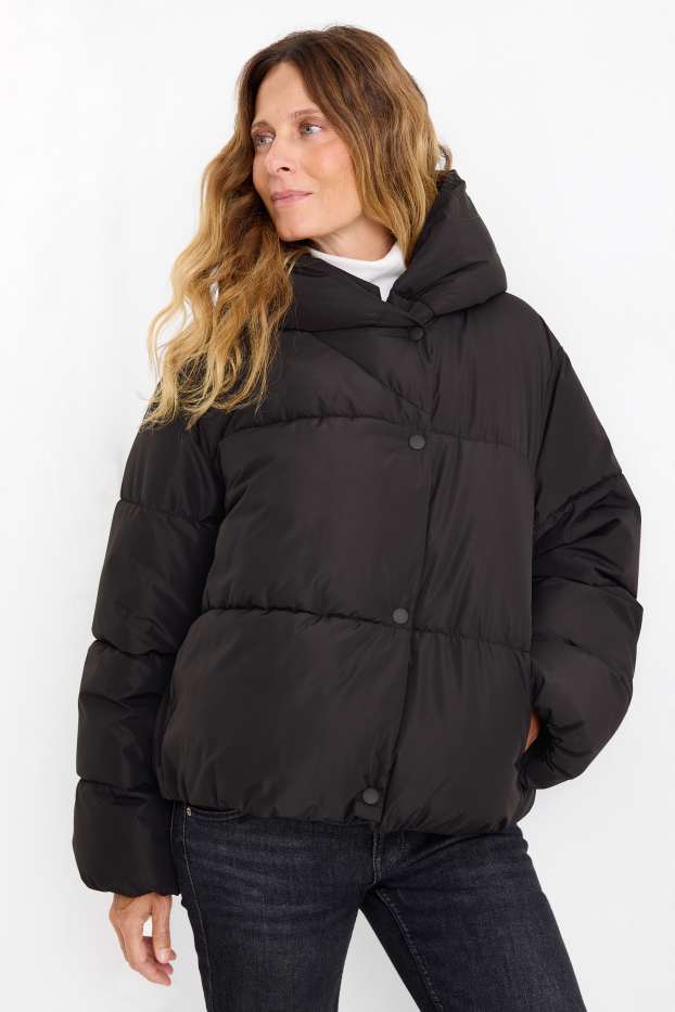 Women - Quilted jacket with hood - water-repellent - black