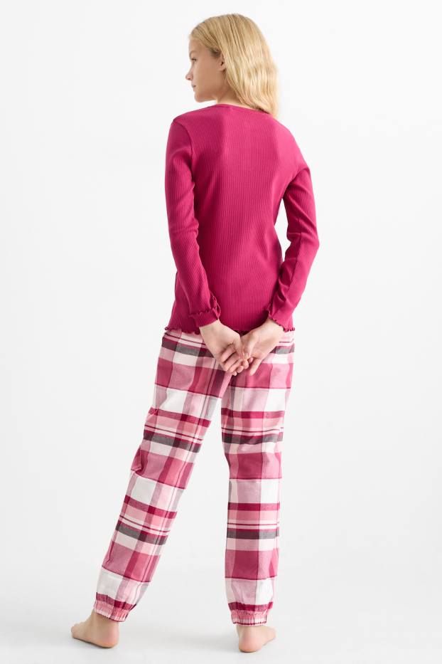 Kinderen: meisjes - Strikje - pyjama met flanellen broek - 2-delig - donker rose