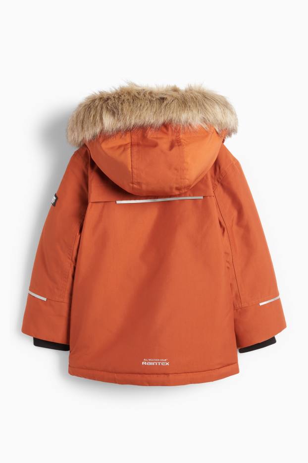 Kinder Jungen - Regenjacke mit Kapuze und Kunstfellbesatz - gefüttert - dunkelorange