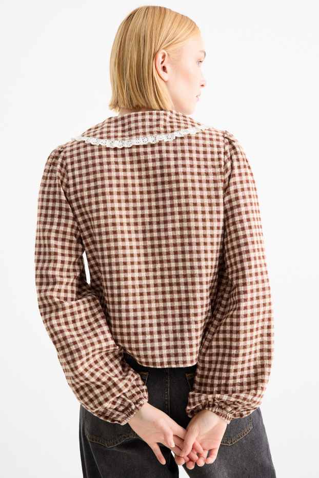 Women - Blouse - check - brown