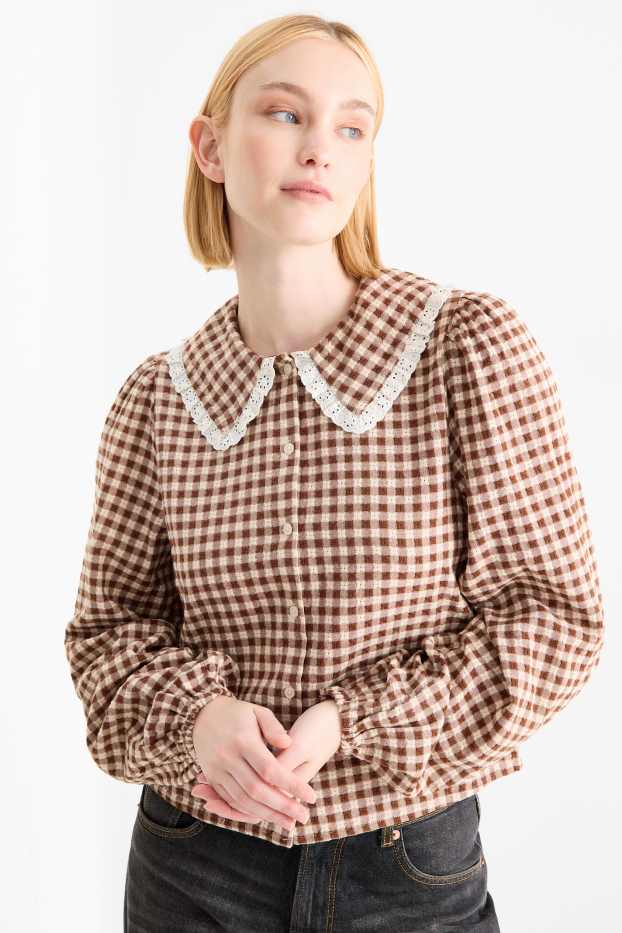 Women - Blouse - check - brown