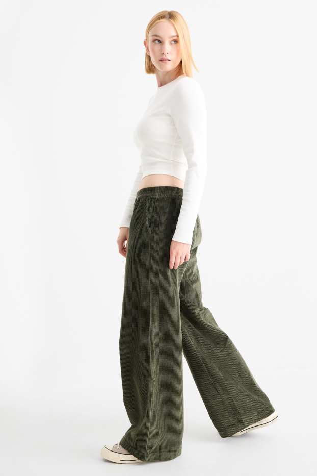 Donna - Pantaloni in velluto - vita media - gamba ampia - verde scuro