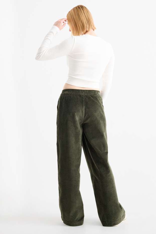 Donna - Pantaloni in velluto - vita media - gamba ampia - verde scuro