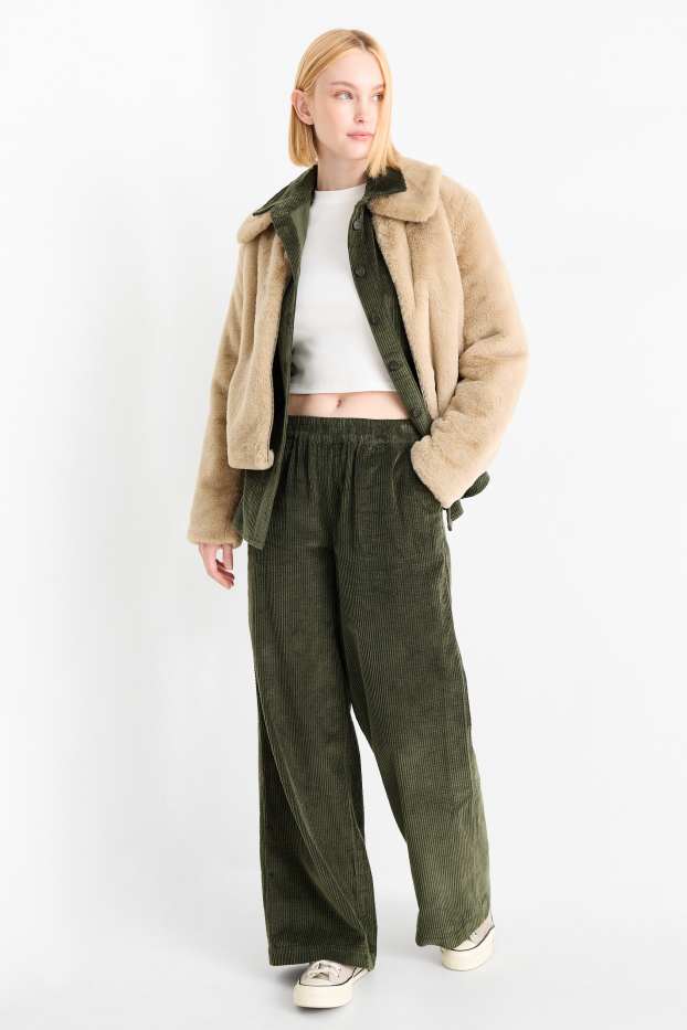 Donna - Pantaloni in velluto - vita media - gamba ampia - verde scuro