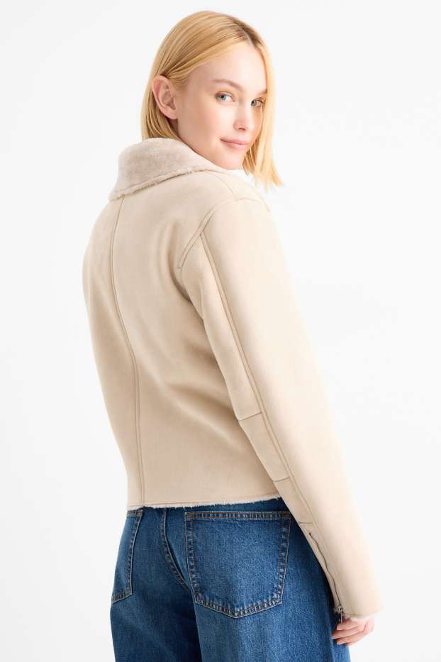Damen - Faux Shearling Jacke - Velourslederimitat - hellbeige