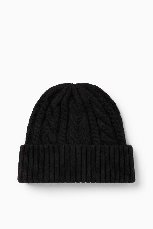 Men - Knitted hat - cable knit pattern - black