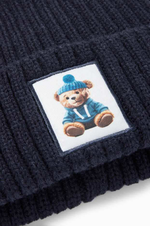 Kinder Buben - Teddybär - Mütze - gerippt - dunkelblau