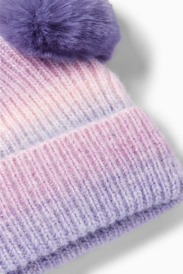 Niñas - Gorro con pompones - de canalé - estampado - violeta claro