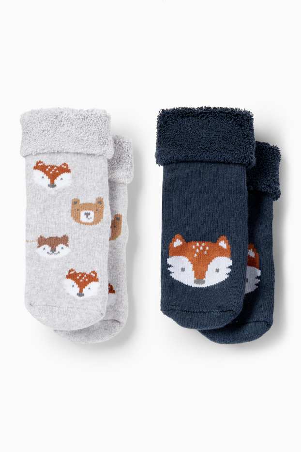 Baby Jungen - Multipack 2er - Fuchs und Bärchen - Baby-Anti-Rutsch-Socken - blau / grau