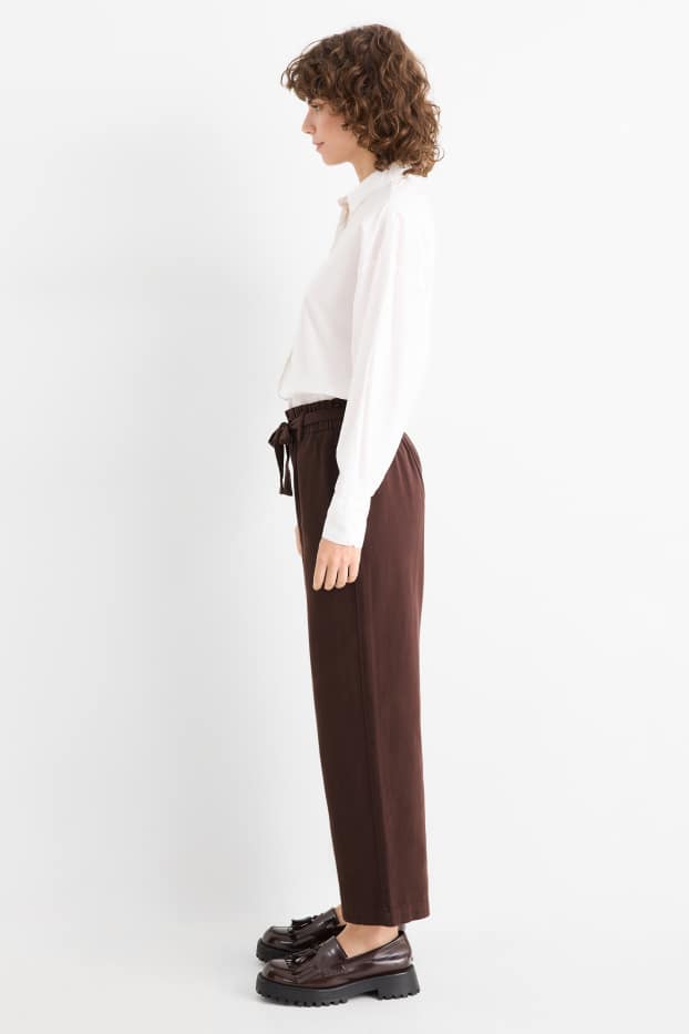 Women - Cloth trousers - high waist - barrel leg - dark brown