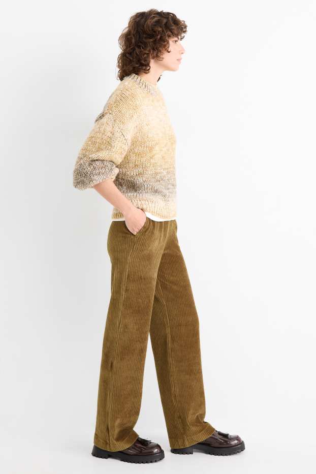 Women - Velvet trousers - high waist - wide leg - ribbed - beige