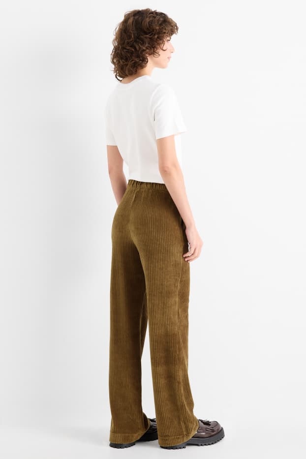 Women - Velvet trousers - high waist - wide leg - ribbed - beige