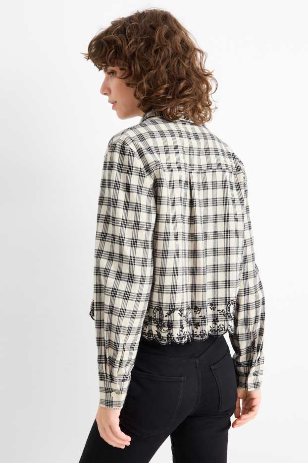 Damen - Flanellbluse - kariert - weiss / schwarz