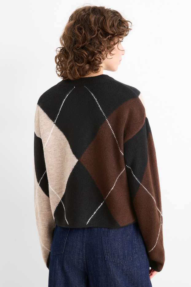 Damen - Pullover - kariert - schwarz / beige