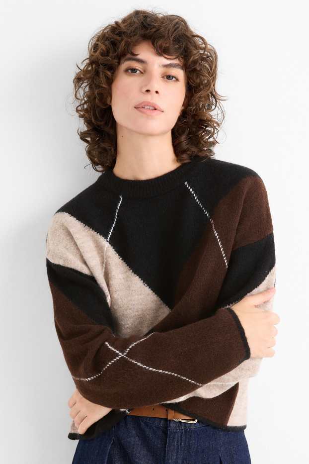 Damen - Pullover - kariert - schwarz / beige