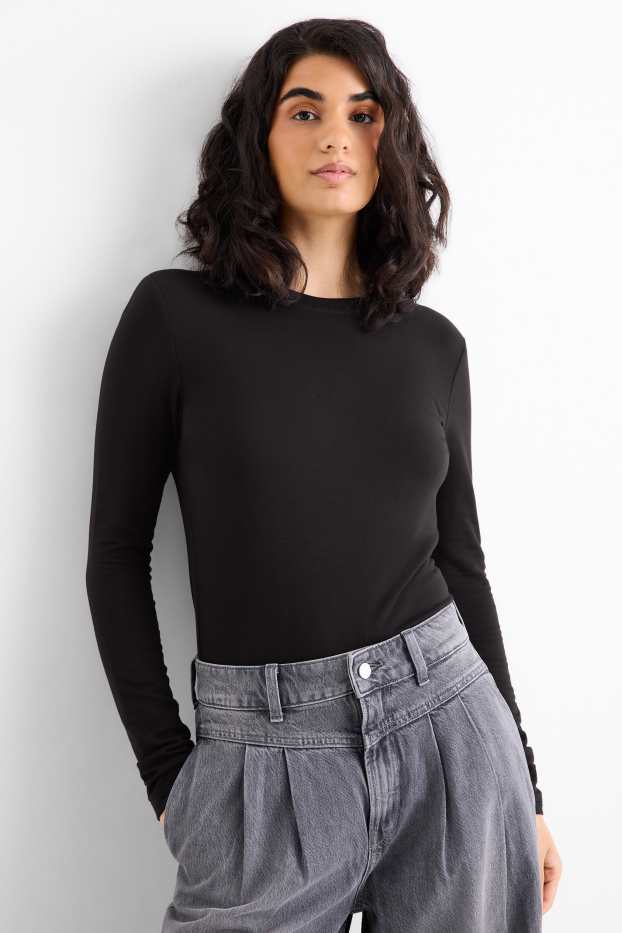 Dámské - Tričko s dlouhým rukávem - slim fit - černá