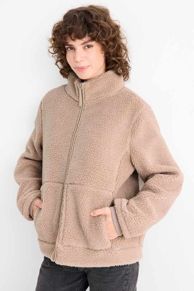 Women - Teddy fur zip-through sweatshirt - beige