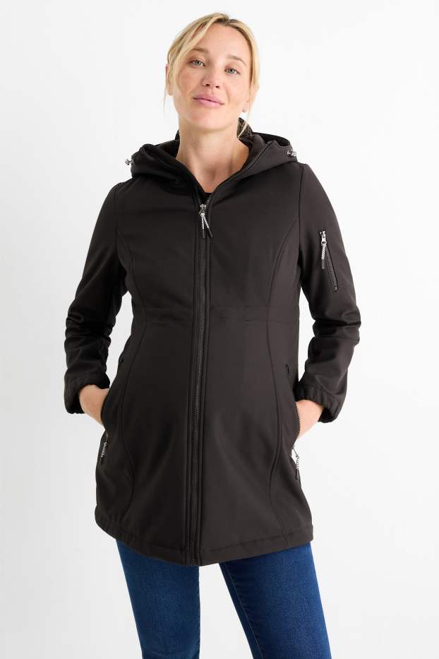 Dames - Zwangerschapssoftshelljas met capuchon en babydraagzak - zwart