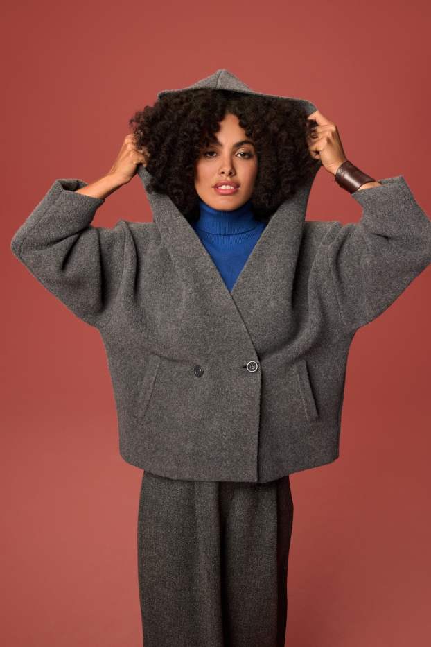 Damen - Strickjacke mit Kapuze - dunkelgrau