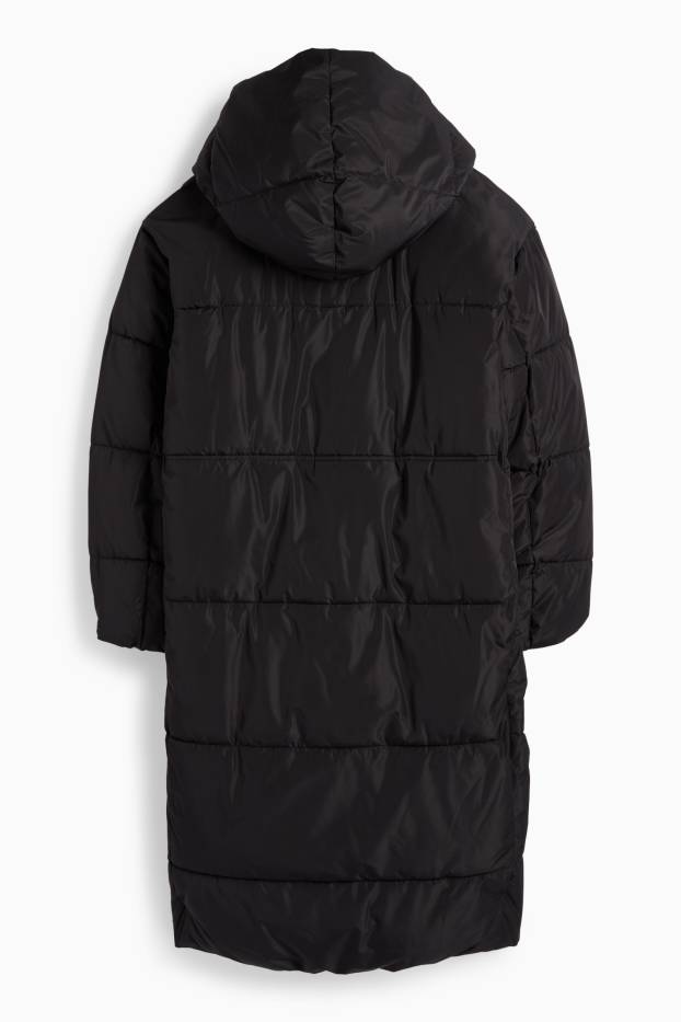 Women - Quilted coat with hood - water-repellent - black